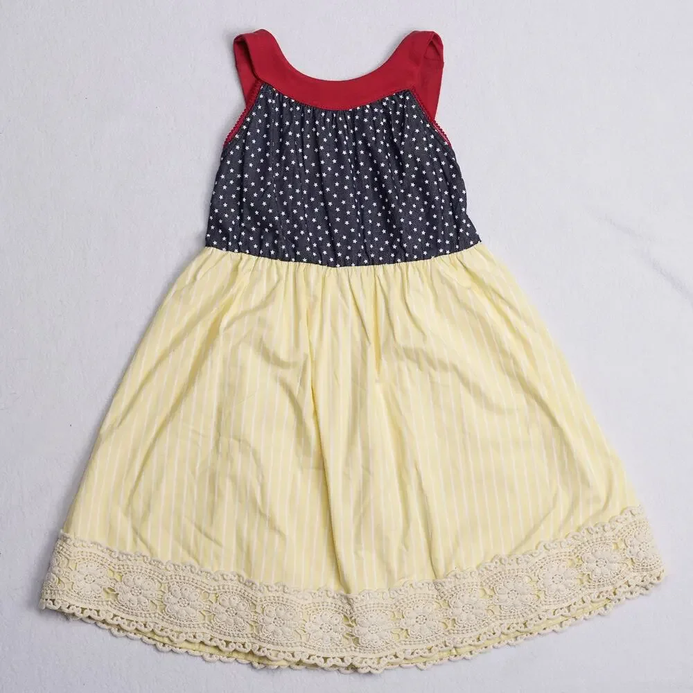 Twirls & Twigs Girls Dress Navy Polka Dot Red Trim Yellow Stripe Lace Size 8